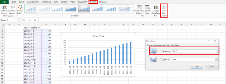 차트만 별도의 시트로 빼는 방법