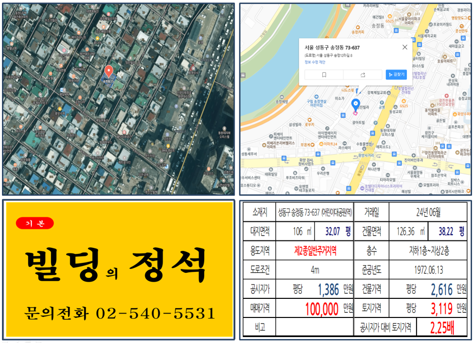 성동구 송정동 73-637번지 건물이 2024년 06월 매매 되었습니다.