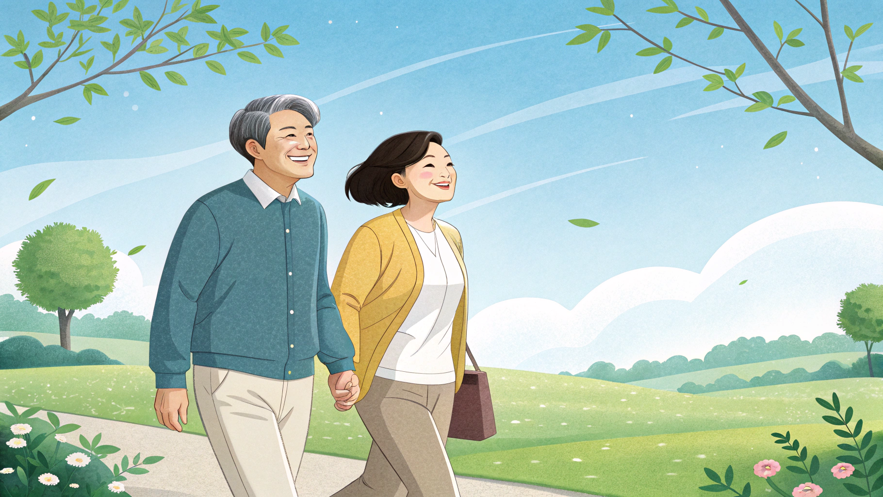중년 남성과 여성이 공원에서 건강을 위해 걷고 있는 모습, 체중 관리와 심장 건강을 상징하는 장면