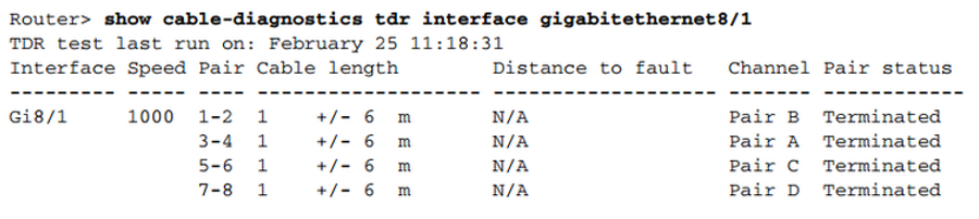 show cable-diagnostics tdr interface gigabitethernet8/1