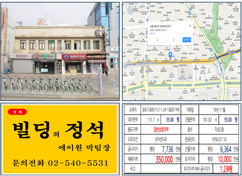  [종로구 초역세권 대로변 꼬마빌딩 실거래가 조회] 종로5가 27-1,28-1 (종로5가역) 35억 원, 평당 10,000만 원, 종로5가역 약국