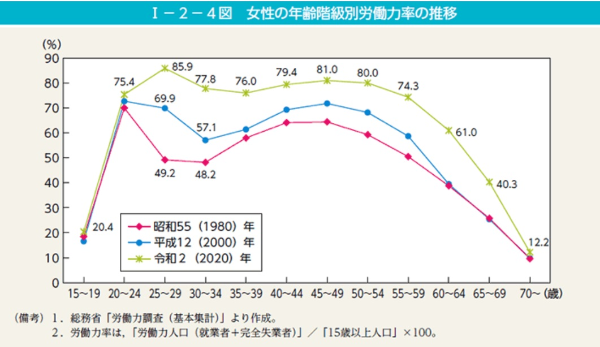 일본 고용률 - 여성의 연령 계급별 노동력율 추이
