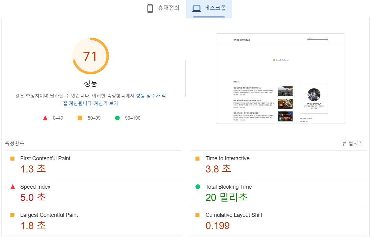 PageSpeed Insights 블로그 성능 평가(데스크톱)