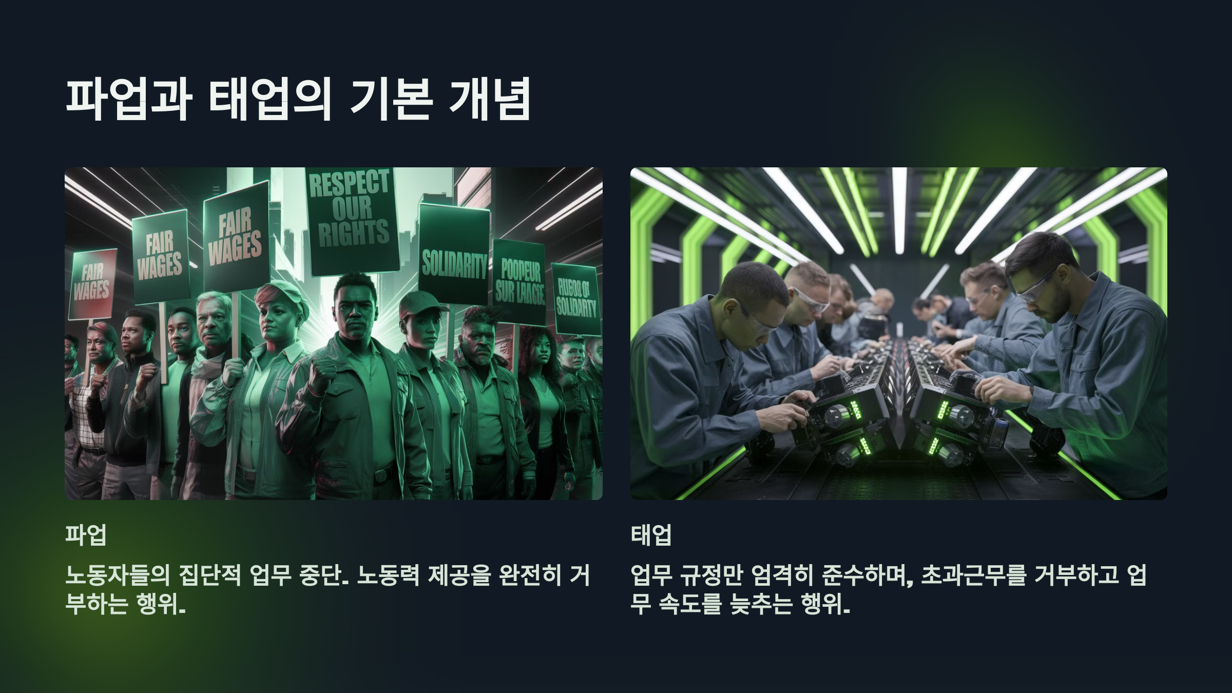 파업과 태업의 기본 개념을 설명한 PPT 이미지