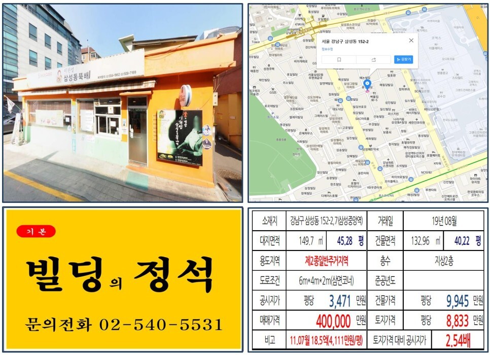  [강남구 삼성동 코엑스 먹자상권 신축부지 40억 꼬마빌딩 실거래가 조회] 삼성동 152-2,7 (삼성중앙역) 40억 원, 평당 8,833만 원 매매되었습니다.