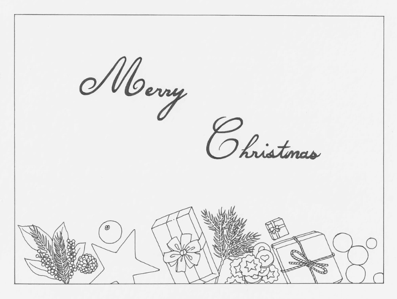 위에는 영어로 메리 크리스마스가 적혀 있고 아래에는 여러가지 크리스마스 소품과 선물이 그려져 있는 그림 도안