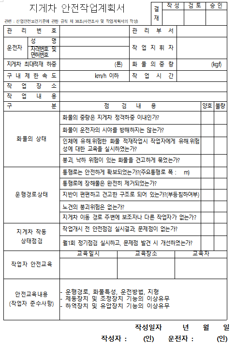 지게차 안전작업계획서 양식