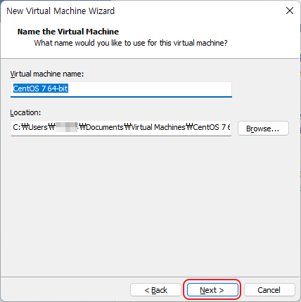 가상 머신 이름 및 설치 위치 설정 (Name the Virtual Machine)