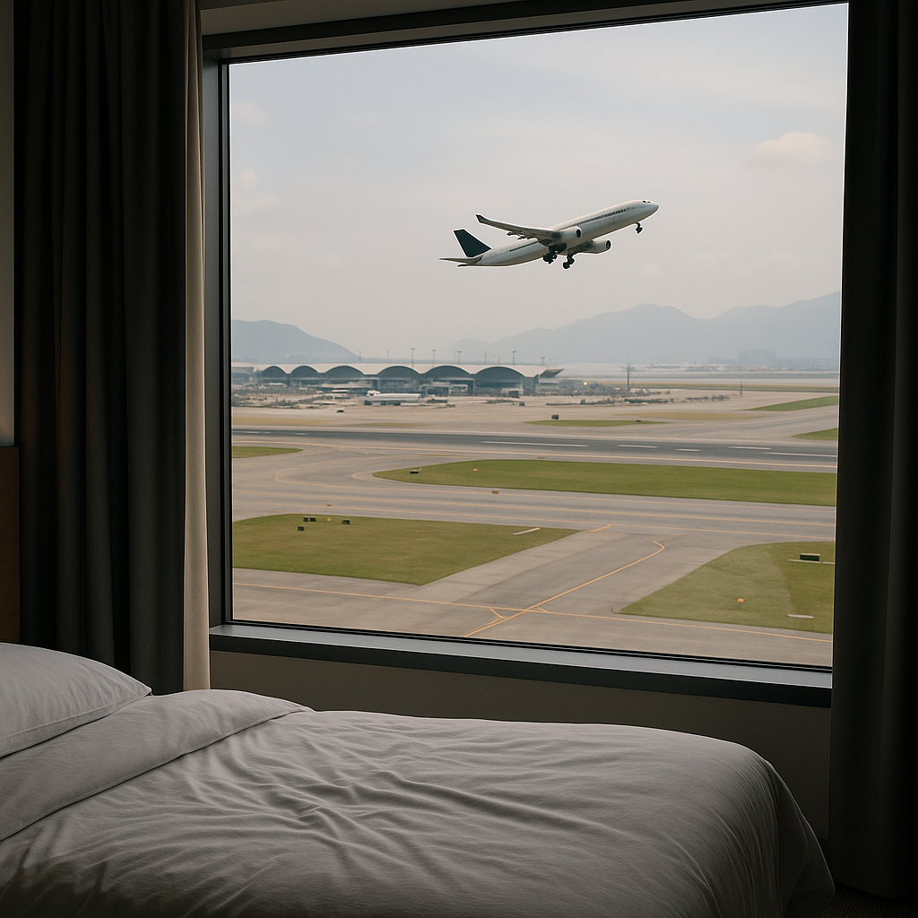 호텔 창문 너머로 보이는 홍콩공항 전망