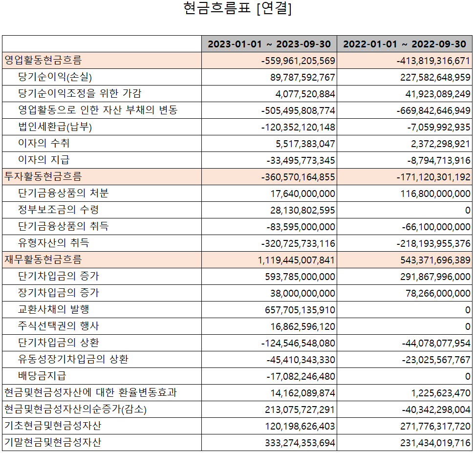 엘앤에프 - 현금흐름표