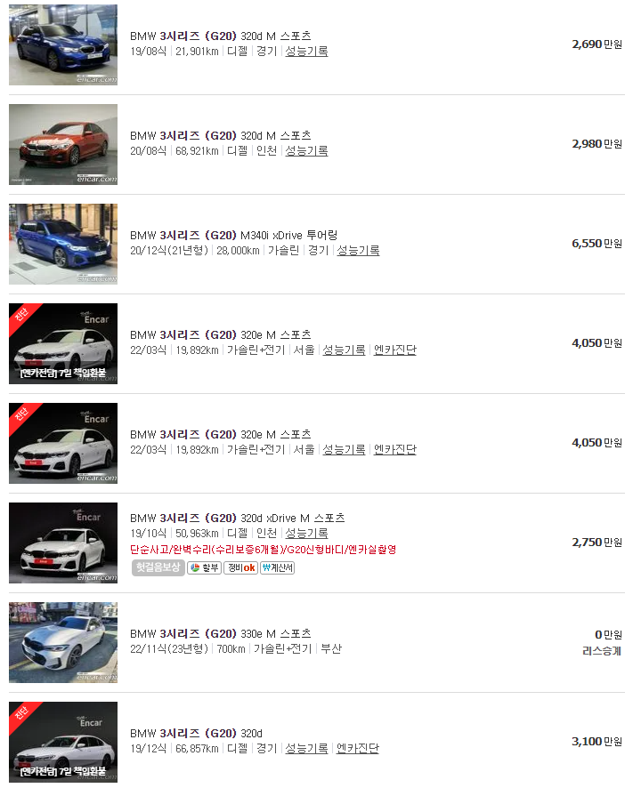 BMW 3시리즈(G20) 중고차 가격