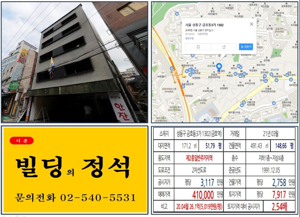  [성동구 장터길 40억 꼬마빌딩 실거래가 조회] 금호동3가 1302 (금호역) 41억 원, 평당 7,917만 원 매매되었습니다.