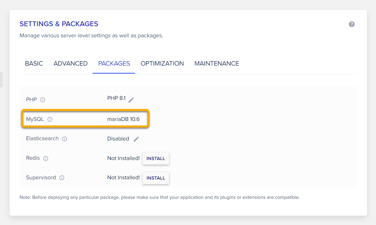 Change the MySQL version