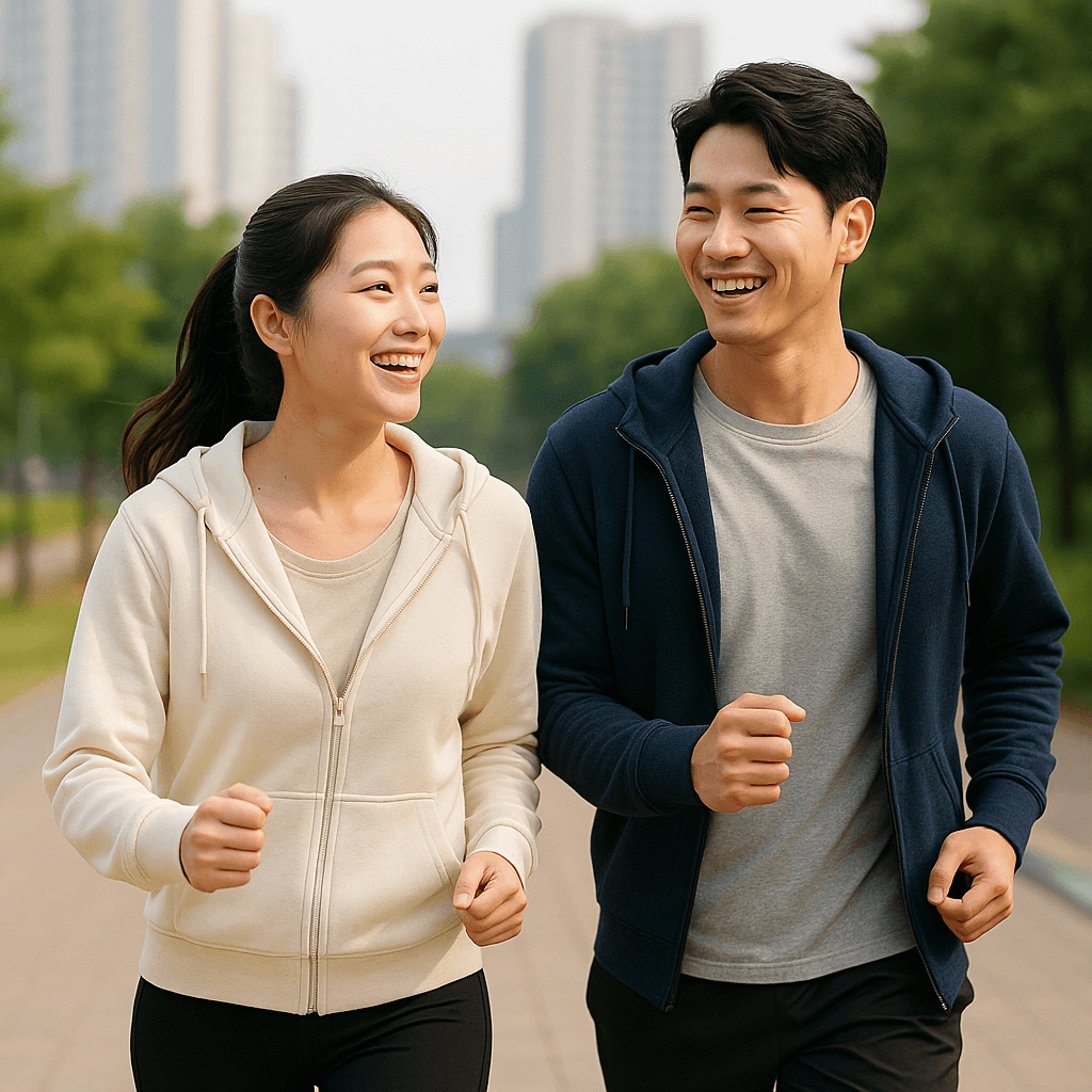 공원에서 바른 자세로 걷기 운동을 하고 있는 한국인 남성과 여성의 모습