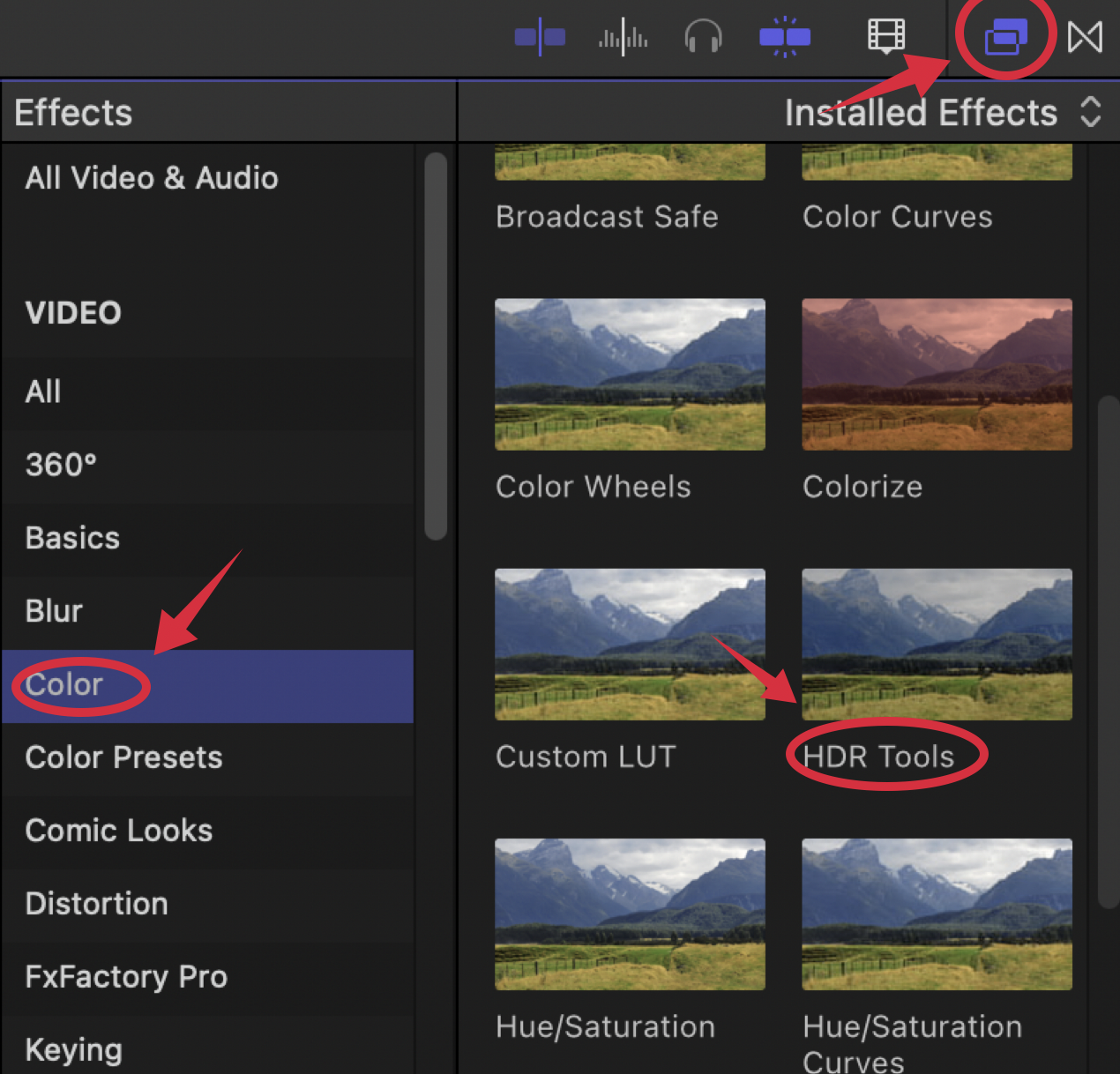 파이널컷 프로 color effect 창에서 HDR tools를 선택한 모습