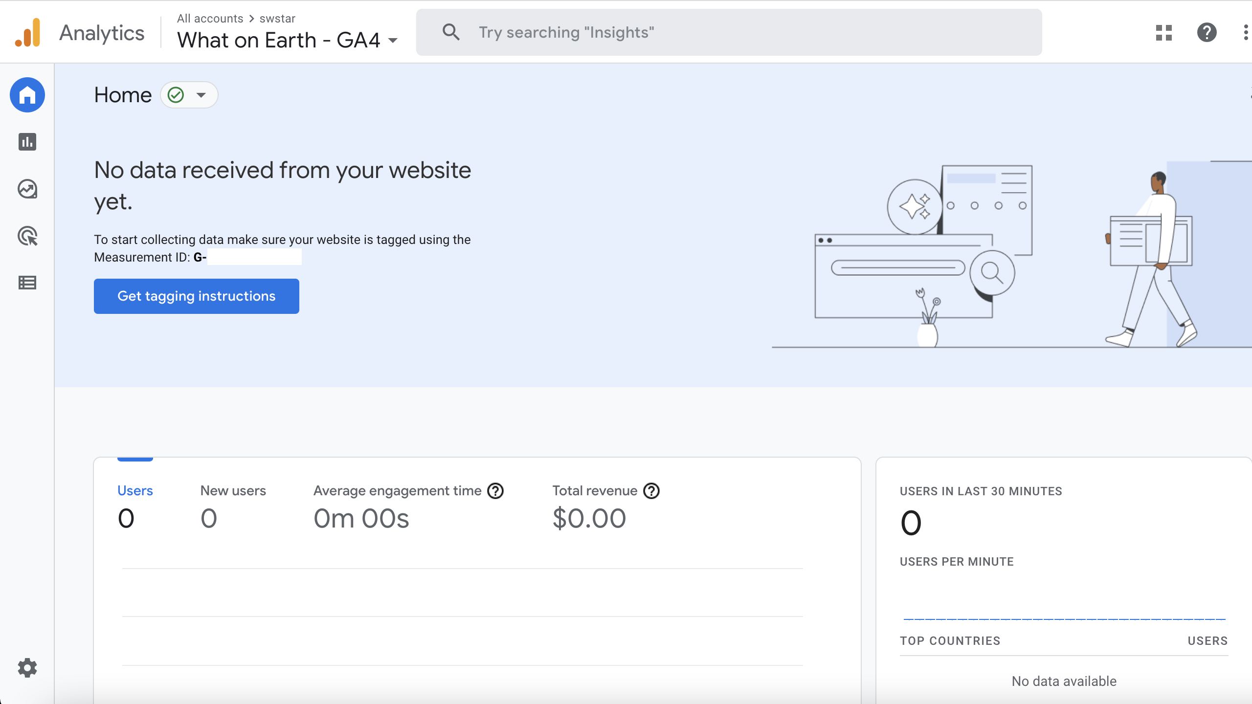screenshot of Google Analytics 4, showing the home screen.