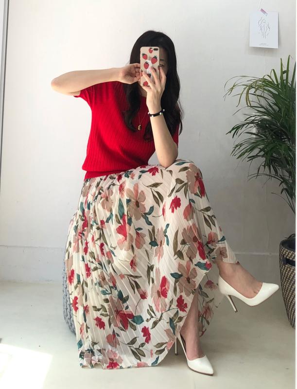 봄꽃 플리츠주름 쉬폰 롱스커트 어쓰