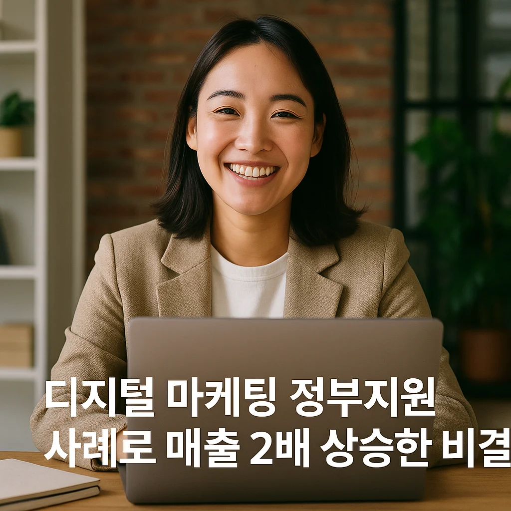 a successful Korean small business owner smiling in a digital workspace after receiving government support