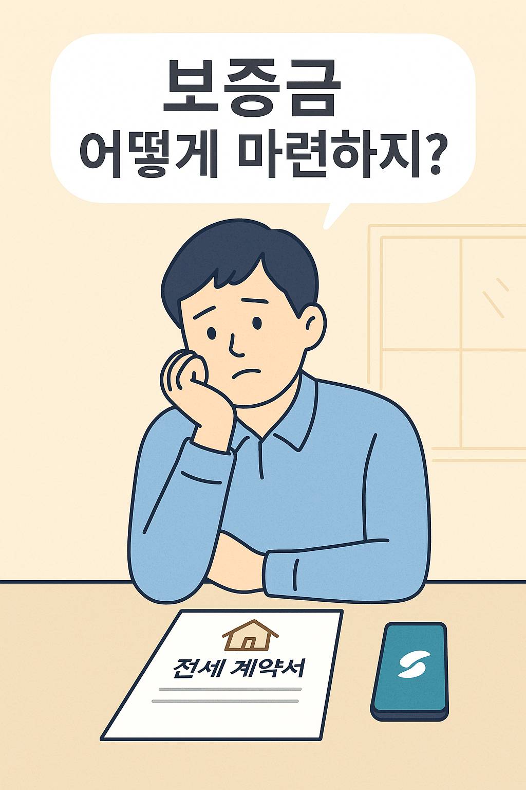 보증금 마련이 고민인 사회초년생 남성이 전세 계약서와 스마트폰을 앞에 두고 걱정하는 장면을 담은 감성 일러스트, 상단에 '보증금 어떻게 마련하지?'라는 문구가 강조된 2025년 토스뱅크 전월세 보증금 대출 안내용 썸네일 이미지