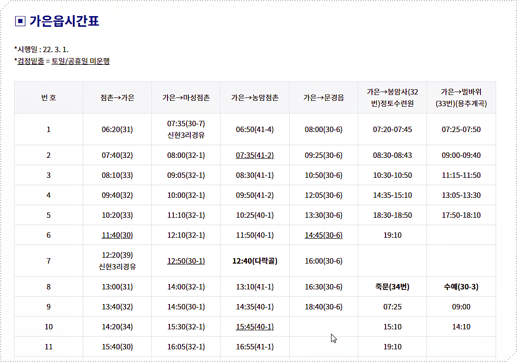 문경 가은읍 시간표