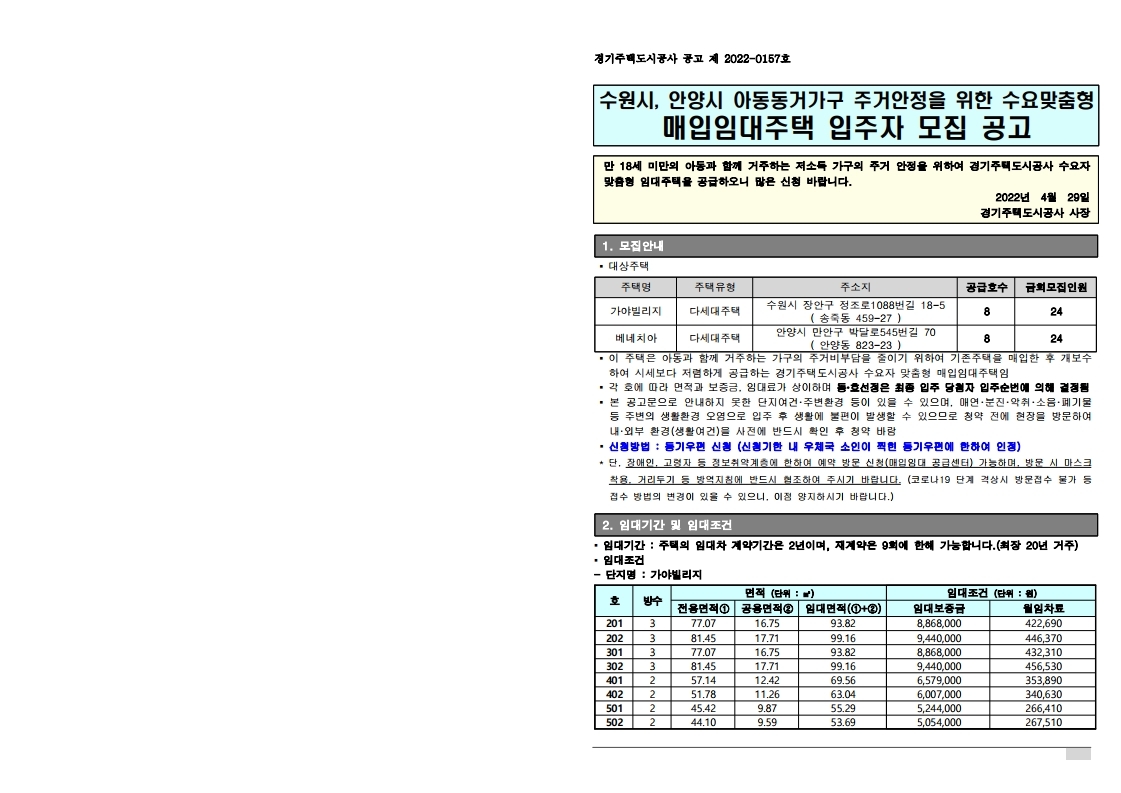  수원시, 안양시 아동동거가구 주거안정을 위한 수요맞춤형 매입임대주택 입주자 모집 공고문