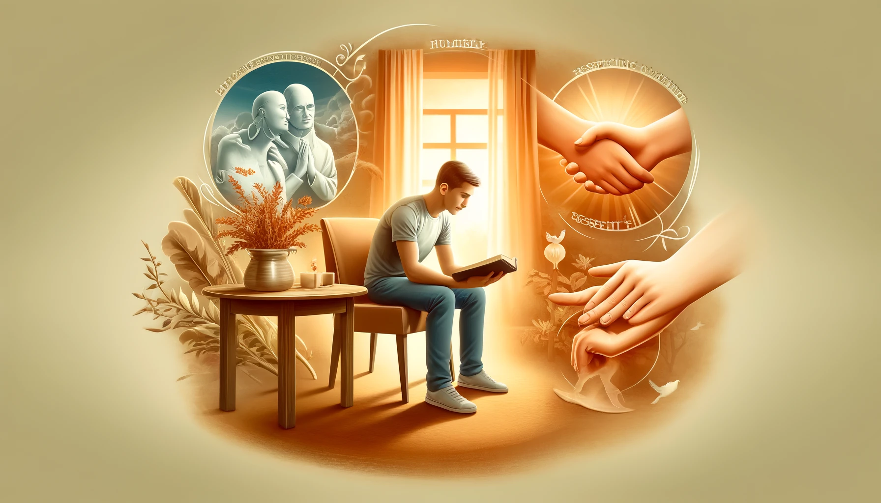 Here is the image depicting a modern person living their day according to God&amp;#39;s ways&amp;#44; upholding the Bible&amp;#39;s promises&amp;#44; and humbly acknowledging and respecting others. The serene room&amp;#44; open Bible&amp;#44; and warm atmosphere reflect the kindness and understanding central to this way of life.