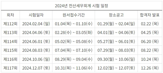 2024년 전산세무회계 시험 일정