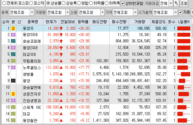  6월14일 코스피 코스닥 상한가 포함 상승률 상위 종목 TOP 100