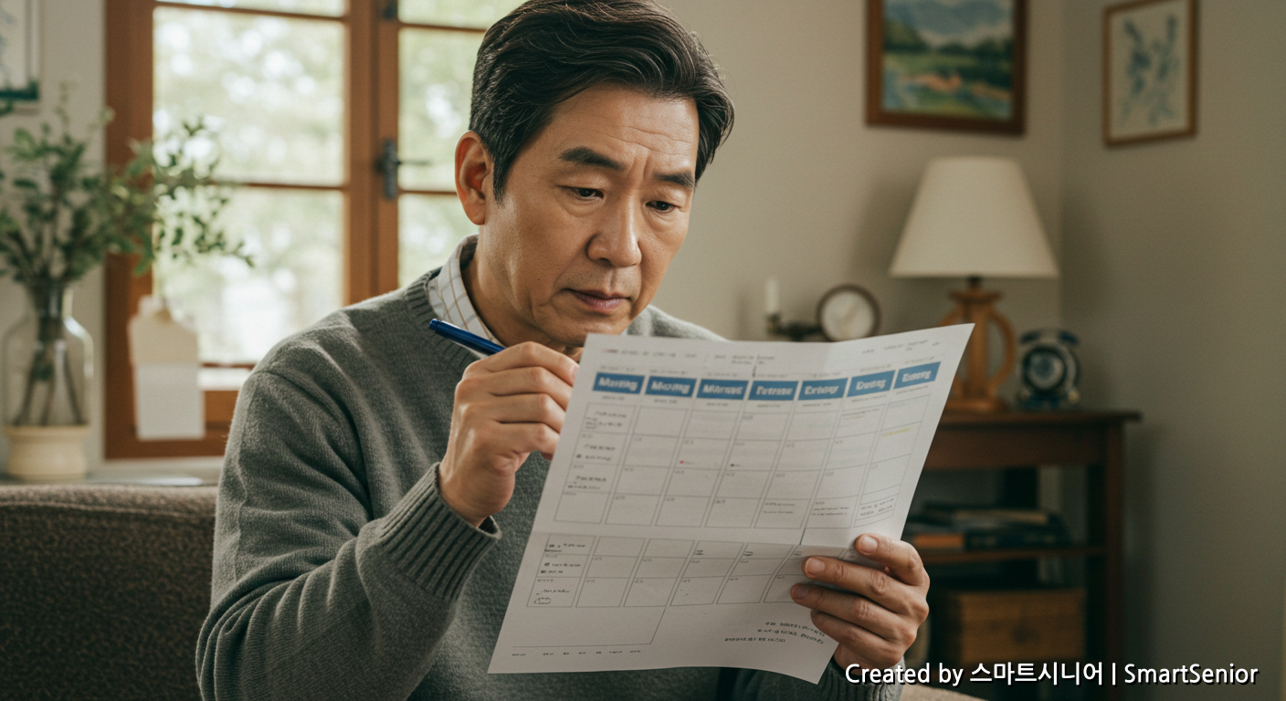 오전, 오후, 저녁으로 하루 일정을 나누며 루틴을 계획하는 60대 남성