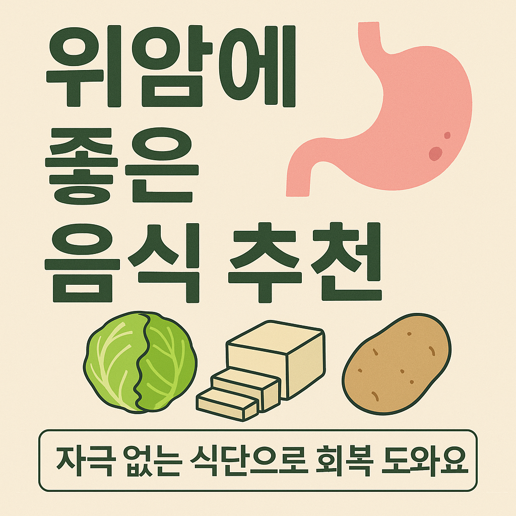 위암에 좋은 음식 추천 문구와 함께 양배추, 두부, 감자, 위장 그림이 담긴 건강 식단 일러스트.