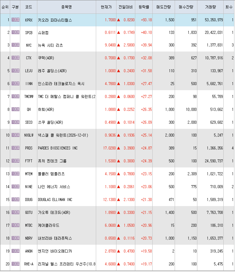  12월30일 미국주식 상승률 상위 종목 TOP 300