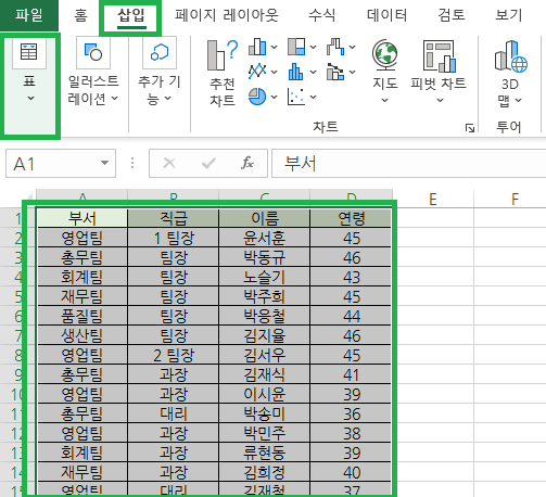 삽입 탭에서 표 선택