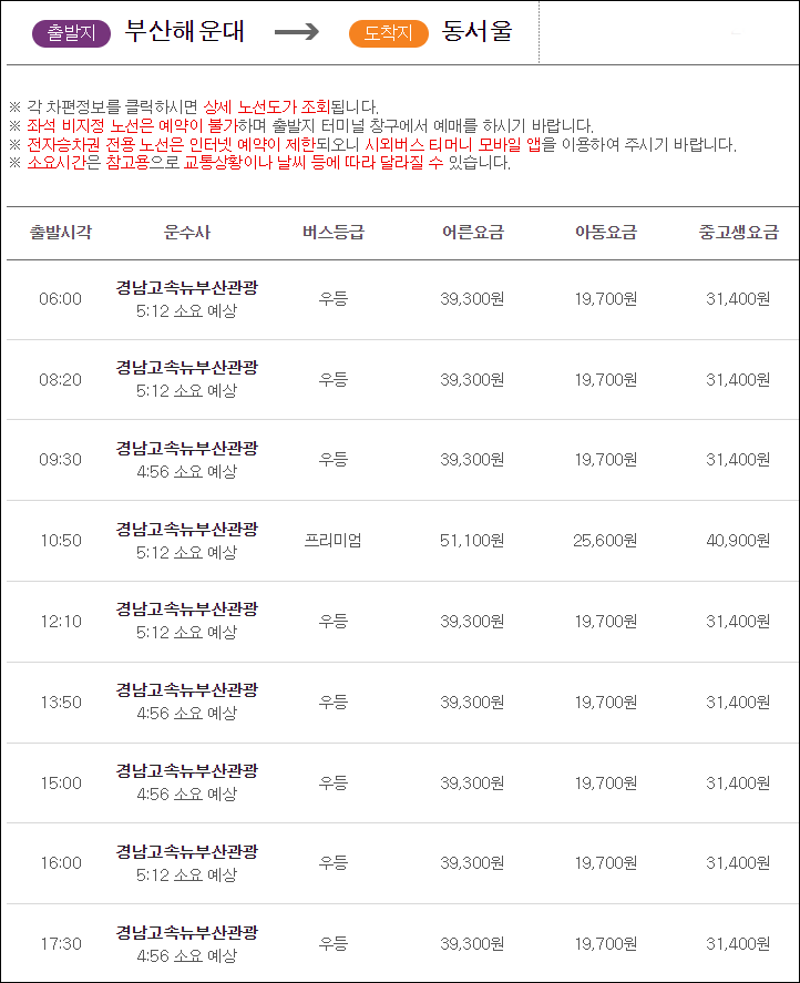 해운대 동서울터미널 고속버스 시간표, 요금, 예매, 예약, 소요시간 해운대 동서울터미널 고속버스 시간표, 요금, 예매, 예약, 소요시간
