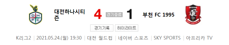  K리그2 / 국내축구 - 대전 VS 부천 (4 - 1) 2021시즌 13라운드 하이라이트 (2021년 5월 24일)