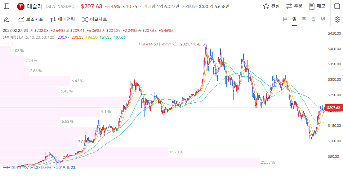 테슬라 주가-일봉