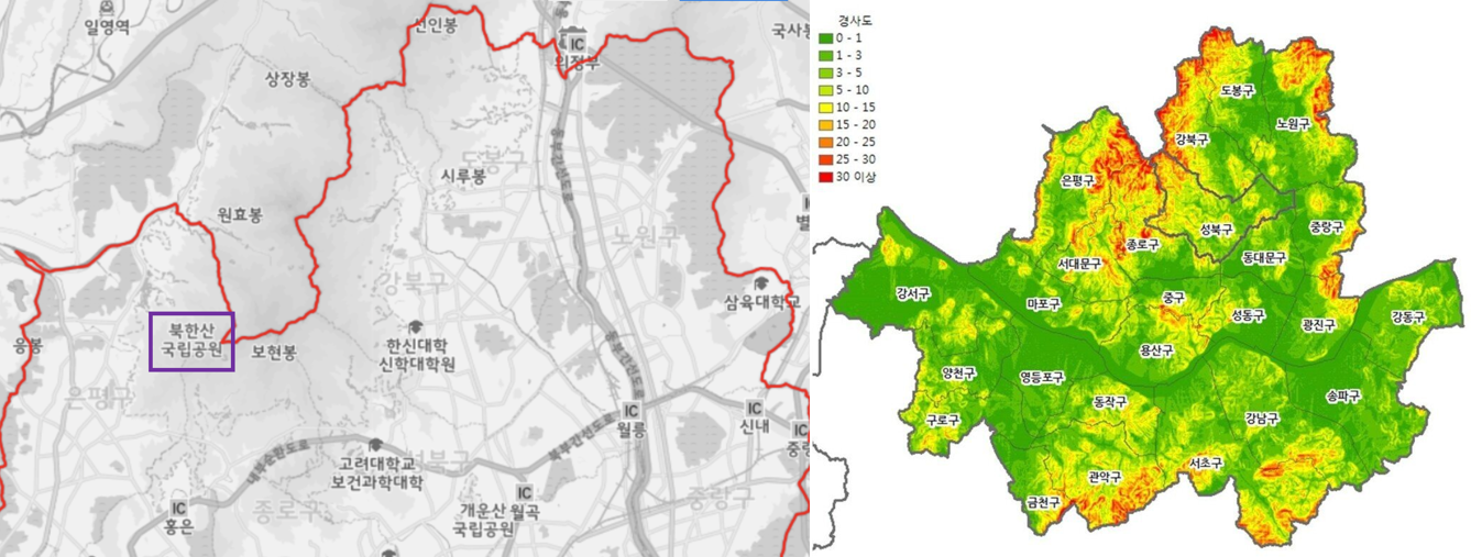 서울시-북한산-위치와-경사도-표기-지도-콜라주-사진