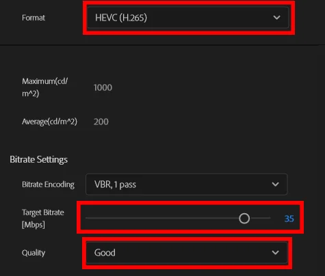 프리미어 프로에서 내보내기 설정 하는 모습