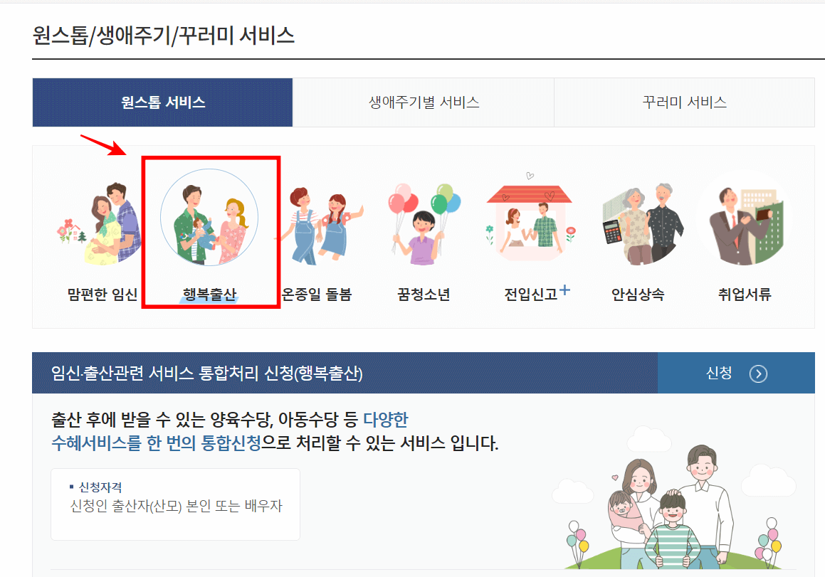 정부 24 사이트 - 임신&middot;출산 관련 서비스 통합신청 화면 캡쳐