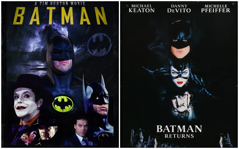 팀버튼 감독의 배트맨과 배트맨 리턴스 영화 포스터에서 배트맨과 조커&#44; 캣우먼이 등장한다.