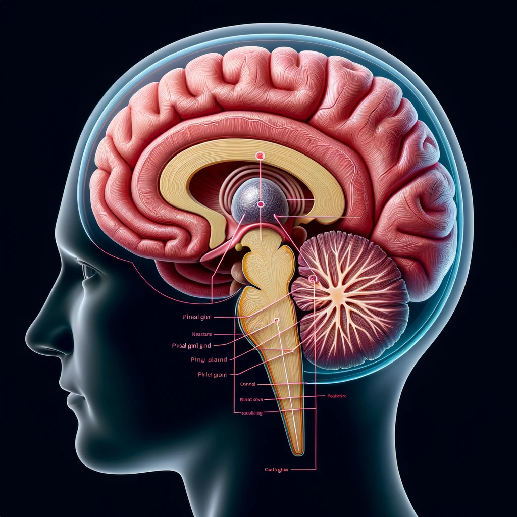 인간의 송과체의 위치를 나타내는 뇌의 단면도