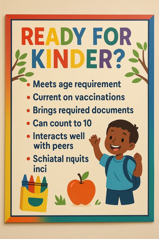 READY FOR KINDER?’라는 제목의 유치원 준비 체크리스트 포스터. 나이 기준 충족, 예방접종 완료, 서류 제출, 숫자 세기, 또래와의 상호작용 등 항목이 나열되어 있으며, 웃는 아이 일러스트와 사과, 크레용 그림이 함께 그려져 있다