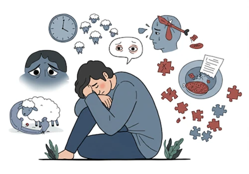 개념적이고 상징적인 디지털 일러스트 스타일로 그린&amp;#44; 피로&amp;#44; 수면/식욕 변화&amp;#44; 집중력 저하 등 우울증의 신체 증상 일러스트레이션