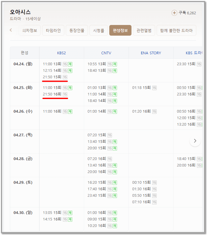 오아시스 편성표 15회 16회 최종회 방송시간 편성정보