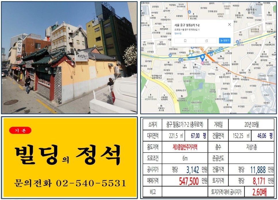  [중구 인쇄소거리 50억 꼬마빌딩 실거래가 조회] 필동2가 7-2 (충무로역) 54억 7,500만 원, 평당 8,171만 원 매매되었습니다. 대