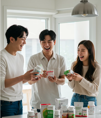영양제를 보고 대화하는 청년들