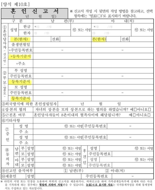 혼인신고서 샘플 양식 이미지