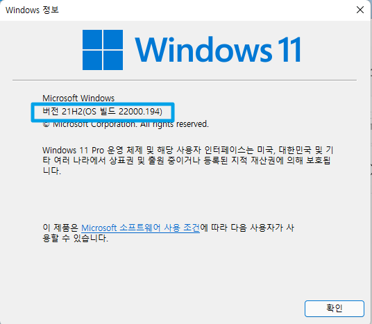 Windows 11에서 winver에서 버전 확인