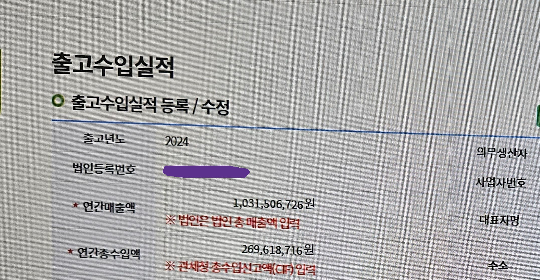 연간매출액과 연간총수입액 기입