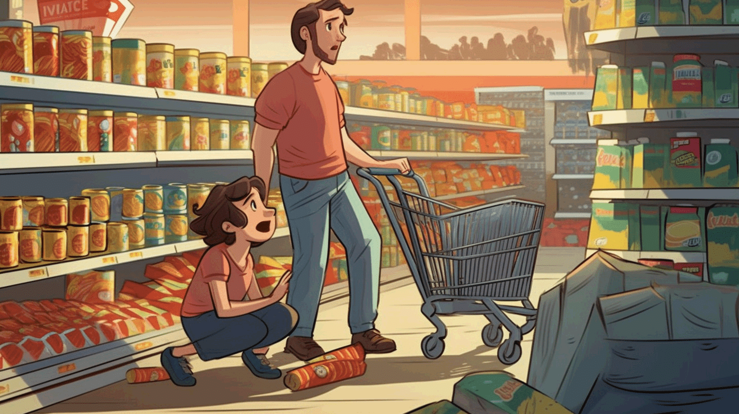 A shopping cart accident in a supermarket and an English conversation between a father and a man.