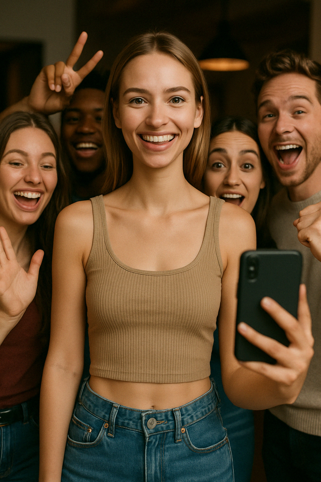 영어:

&quot;After I slimmed down, I got more texts.&quot; An energetic selfie of five young adults of diverse apparent ethnicities smiling at a smartphone. The central woman holds the camera and beams, surrounded by her equally cheerful friends. The positive and attractive vibe encourages clicks.

스페인어:

&quot;Después de que adelgacé, recibí más mensajes.&quot; Una selfie enérgica de cinco jóvenes adultos de diversas etnias aparentes sonriendo a un smartphone. La mujer central sostiene la cámara y sonríe radiantemente, rodeada de sus amigos igualmente alegres. El ambiente positivo y atractivo fomenta los clics.

francés:

&quot;Après avoir minci, j'ai reçu plus de messages.&quot; Un selfie énergique de cinq jeunes adultes d'ethnies apparentes diverses souriant à un smartphone. La femme au centre tient l'appareil photo et rayonne, entourée de ses amis tout aussi joyeux. L'ambiance positive et attrayante encourage les clics.

japonais:

「痩せたら、メッセージが増えたんだ。」多様な人種に見える若い男女5人がスマートフォンに向かって笑顔を見せる、エネルギッシュな自撮り画像。中央の女性がカメラを持ち、満面の笑みを浮かべ、周りの友人たちも同様に楽しそうな表情をしています。ポジティブで魅力的な雰囲気がクリックを促します。

allemand:

„Nachdem ich abgenommen hatte, bekam ich mehr Nachrichten.“ Ein energiegeladenes Selfie von fünf jungen Erwachsenen unterschiedlicher scheinbarer Ethnien, die in ein Smartphone lächeln. Die Frau in der Mitte hält die Kamera und strahlt, umgeben von ihren ebenso fröhlichen Freunden. Die positive und attraktive Stimmung fördert Klicks.

chinois simplifié:

“我瘦下来后，收到了更多短信。” 一张充满活力的自拍照，五位不同种族背景的年轻男女对着智能手机微笑。中间的女子拿着相机，笑容灿烂，周围是同样快乐的朋友。积极和吸引人的氛围鼓励点击。